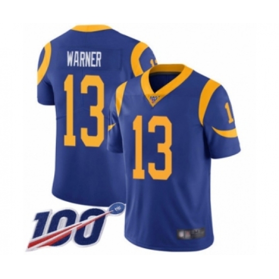 Men's Los Angeles Rams 13 Kurt Warner Royal Blue Alternate Vapor Untouchable Limited Player 100th Season Football Jersey