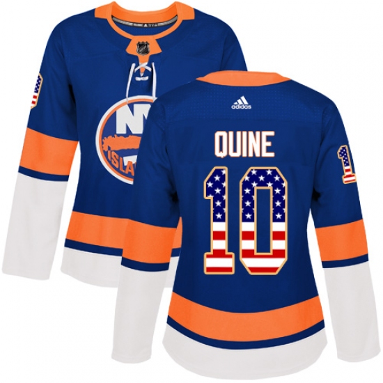 Women's Adidas New York Islanders 10 Alan Quine Authentic Royal Blue USA Flag Fashion NHL Jersey