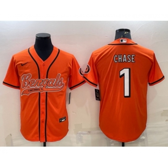 Men's Cincinnati Bengals 1 JaMarr Chase Orange With Patch Cool Base Stitched Baseball Jersey