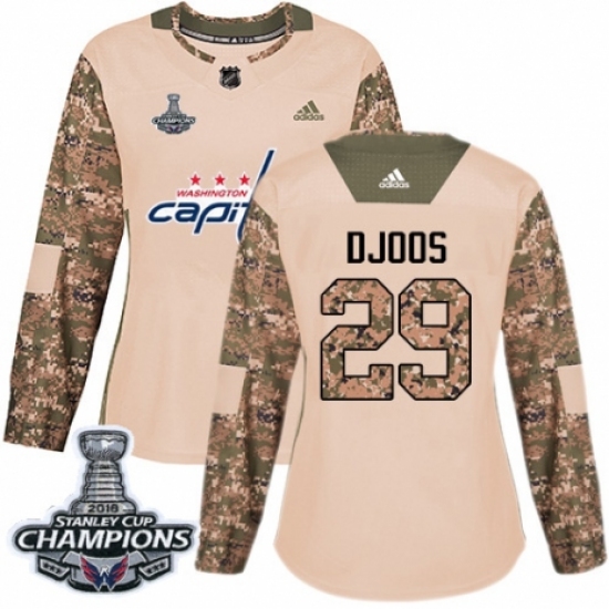 Women's Adidas Washington Capitals 29 Christian Djoos Authentic Camo Veterans Day Practice 2018 Stanley Cup Final Champions NHL Jersey