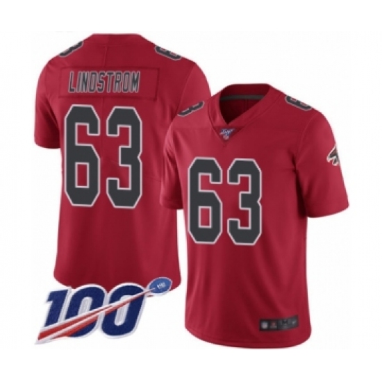 Men's Atlanta Falcons 63 Chris Lindstrom Limited Red Rush Vapor Untouchable 100th Season Football Jersey