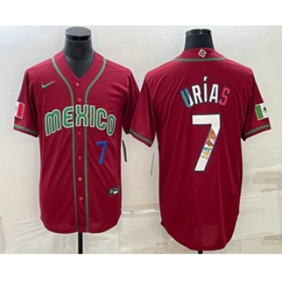 Men's Mexico Baseball 7 Julio Urias Number 2023 Red Blue World Baseball Classic Stitched Jersey1