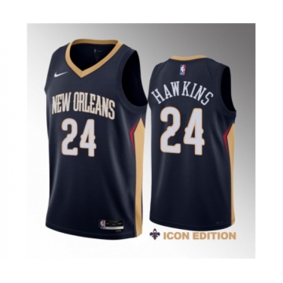 Men's New Orleans Pelicans 24 Jordan Hawkins Navy 2023 Draft Icon Edition Stitched Basketball Jersey
