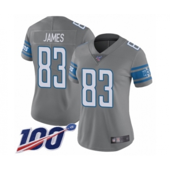 Women's Detroit Lions 83 Jesse James Limited Steel Rush Vapor Untouchable 100th Season Football Jersey