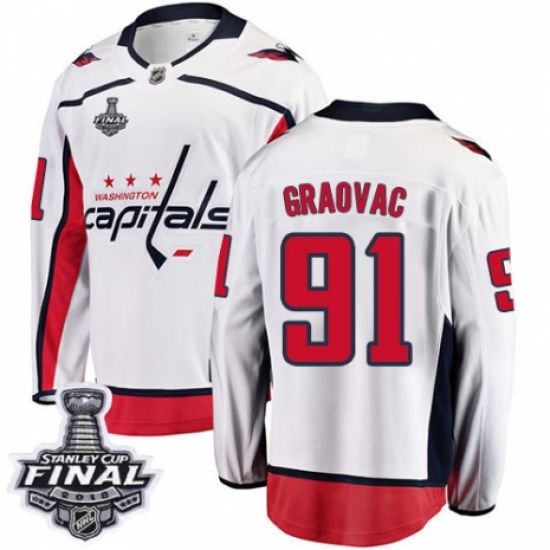 Youth Washington Capitals 91 Tyler Graovac Fanatics Branded White Away Breakaway 2018 Stanley Cup Final NHL Jersey