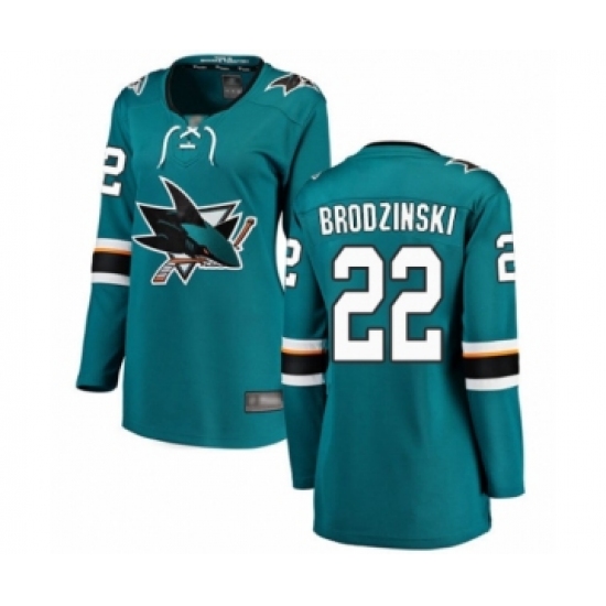 Women's San Jose Sharks 22 Jonny Brodzinski Fanatics Branded Teal Green Home Breakaway Hockey Jersey