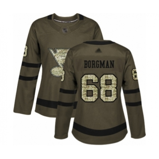 Women's St. Louis Blues 68 Andreas Borgman Authentic Green Salute to Service Hockey Jersey