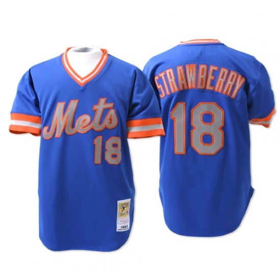 Men's Mitchell and Ness New York Mets 18 Darryl Strawberry Replica Blue Throwback MLB Jersey