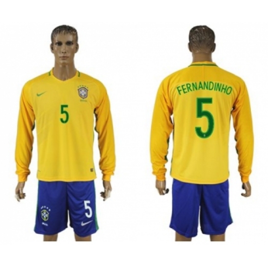 Brazil 5 Fernandinho Home Long Sleeves Soccer Country Jersey