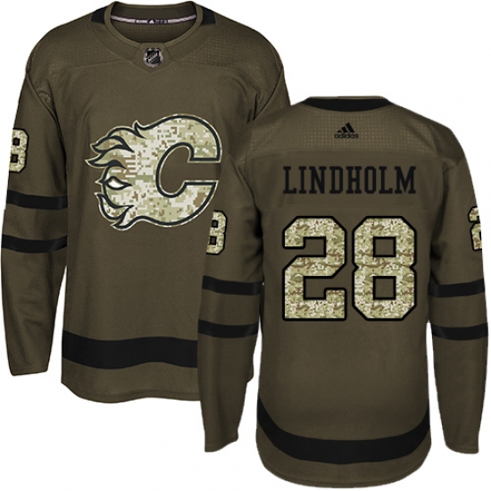 Men's Adidas Calgary Flames 28 Elias Lindholm Green Salute to Service Stitched NHL Jersey