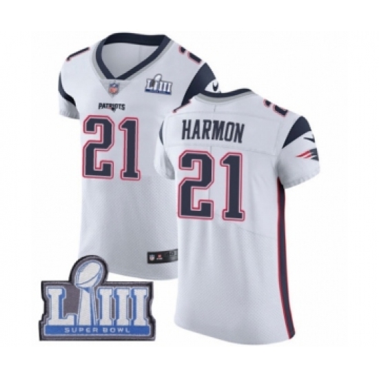 Men's Nike New England Patriots 21 Duron Harmon White Vapor Untouchable Elite Player Super Bowl LIII Bound NFL Jersey