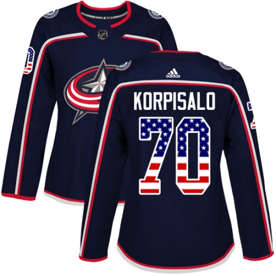 Women's Adidas Columbus Blue Jackets 70 Joonas Korpisalo Authentic Navy Blue USA Flag Fashion NHL Jersey