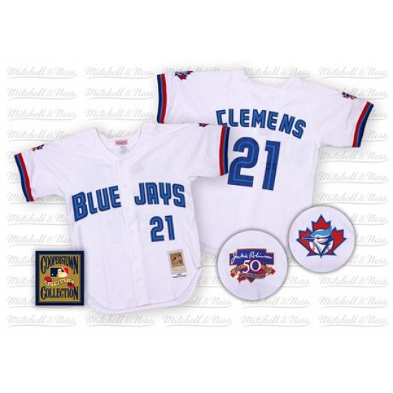 Men's Mitchell and Ness Toronto Blue Jays 21 Roger Clemens Replica White Throwback MLB Jersey