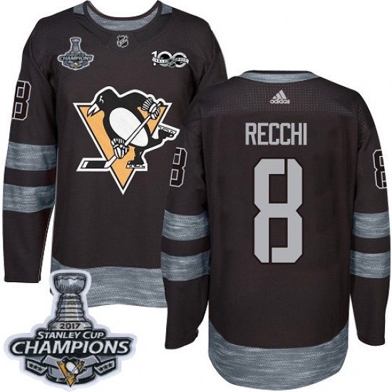 Men's Adidas Pittsburgh Penguins 8 Mark Recchi Authentic Black 1917-2017 100th Anniversary 2017 Stanley Cup Champions NHL Jersey