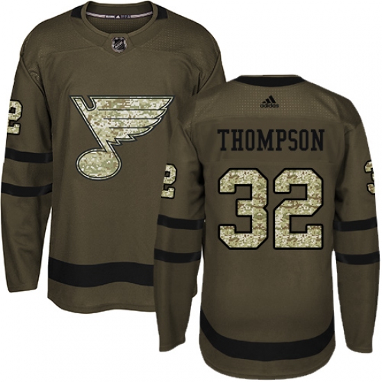 Men's Adidas St. Louis Blues 32 Tage Thompson Premier Green Salute to Service NHL Jersey