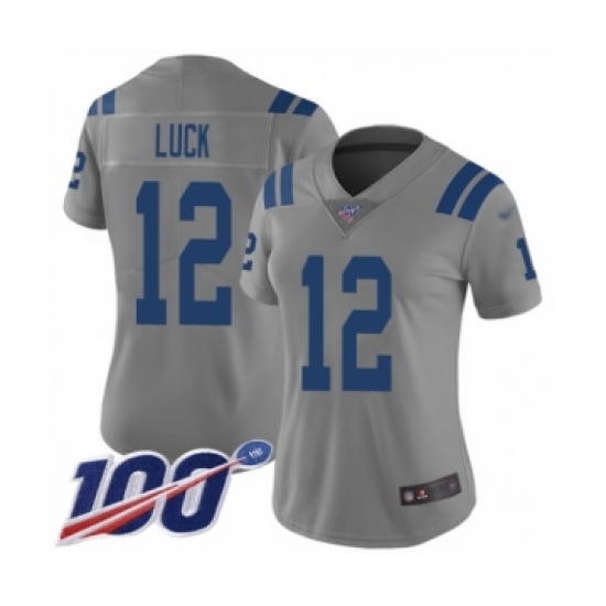 Women's Indianapolis Colts 12 Andrew Luck Limited Gray Inverted Legend 100th Season Football Jersey