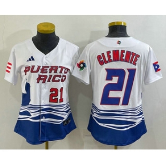 Women's Puerto Rico Baseball 21 Roberto Clemente Number 2023 White World Classic Stitched Jersey