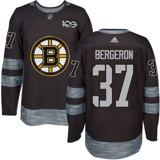 Men's Adidas Boston Bruins 37 Patrice Bergeron Authentic Black 1917-2017 100th Anniversary NHL Jersey