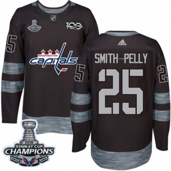 Men's Adidas Washington Capitals 25 Devante Smith-Pelly Authentic Black 1917-2017 100th Anniversary 2018 Stanley Cup Final Champions NHL Jersey