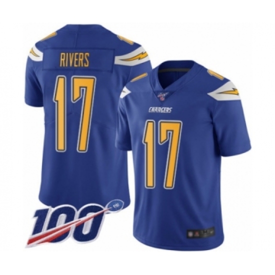 Men's Nike Los Angeles Chargers 17 Philip Rivers Limited Electric Blue Rush Vapor Untouchable 100th Season NFL Jersey
