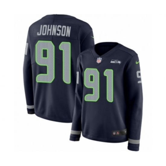 Women's Nike Seattle Seahawks 91 Tom Johnson Limited Navy Blue Therma Long Sleeve NFL Jersey