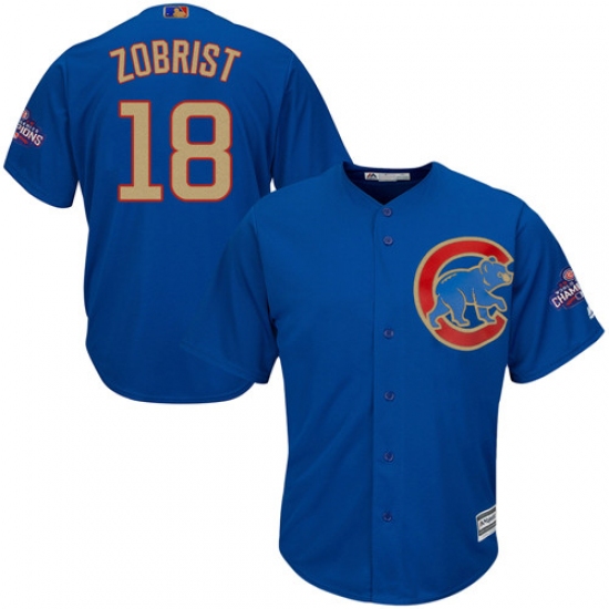 Youth Majestic Chicago Cubs 18 Ben Zobrist Authentic Royal Blue 2017 Gold Champion Cool Base MLB Jersey