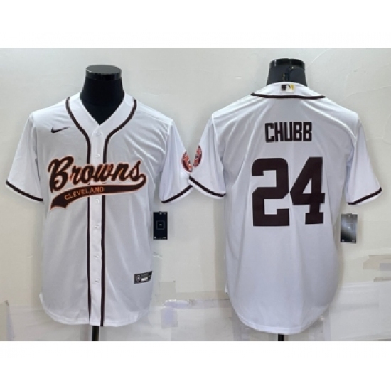 Men's Cleveland Browns 24 Nick Chubb White Stitched Cool Base Nike Baseball Jersey