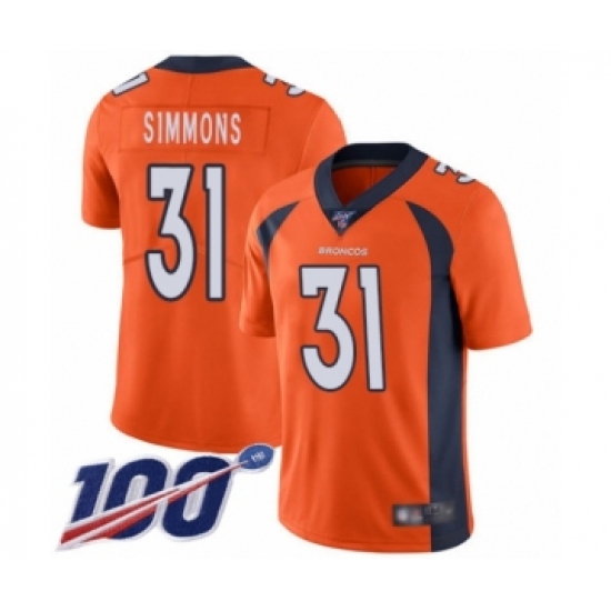 Men's Denver Broncos 31 Justin Simmons Orange Team Color Vapor Untouchable Limited Player 100th Season Football Jersey