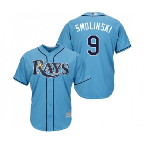 Men's Tampa Bay Rays 9 Jake Smolinski Replica Light Blue Alternate 2 Cool Base Baseball Jersey