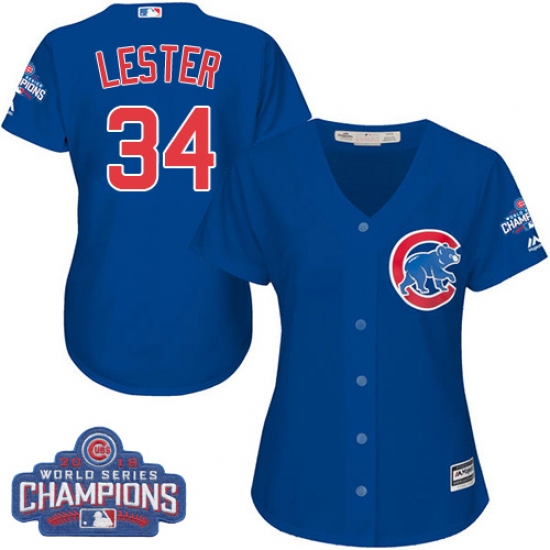 Women's Majestic Chicago Cubs 34 Jon Lester Authentic Royal Blue Alternate 2016 World Series Champions Cool Base MLB Jersey