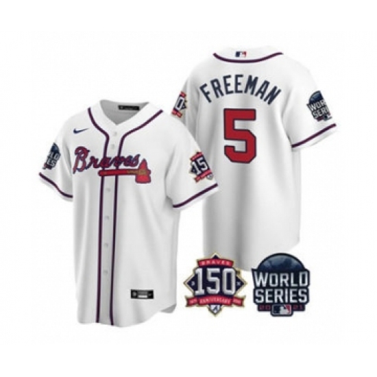 Men's Atlanta Braves 5 Freddie Freeman 2021 White World Series With 150th Anniversary Patch Cool Base Baseball Jersey