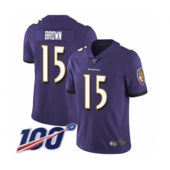 Men's Baltimore Ravens 15 Marquise Brown Purple Team Color Vapor Untouchable Limited Player 100th Season Football Jersey