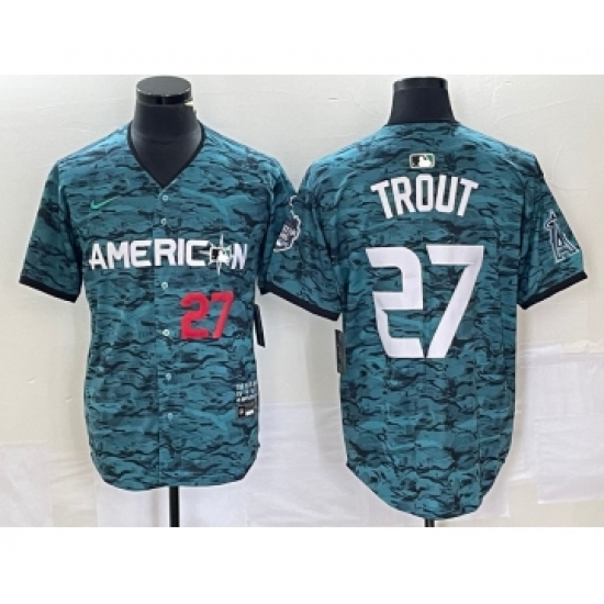 Men's Nike Los Angeles Angels 27 Mike Trout Number Teal 2023 All Star Cool Base Stitched Jersey