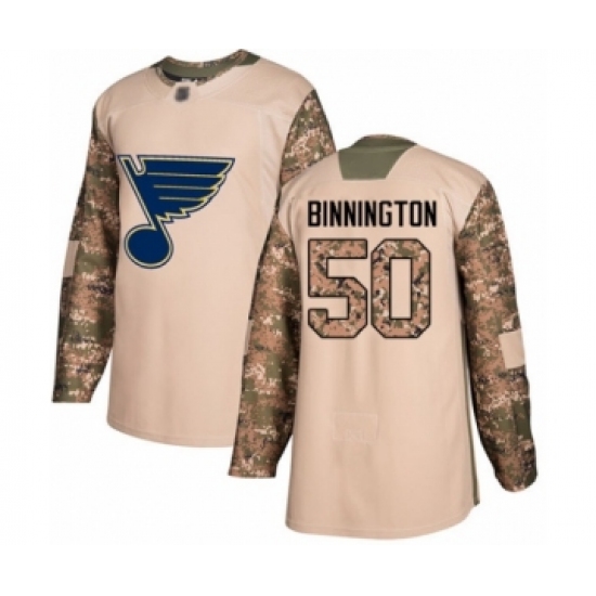 Men's St. Louis Blues 50 Jordan Binnington Authentic Camo Veterans Day Practice Hockey Jersey