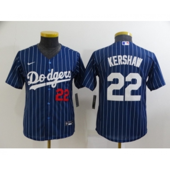 Youth Los Angeles Dodgers 22 Clayton Kershaw Navy Blue Pinstripe Stitched MLB Cool Base Nike Jersey