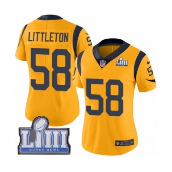 Women's Nike Los Angeles Rams 58 Cory Littleton Limited Gold Rush Vapor Untouchable Super Bowl LIII Bound NFL Jersey