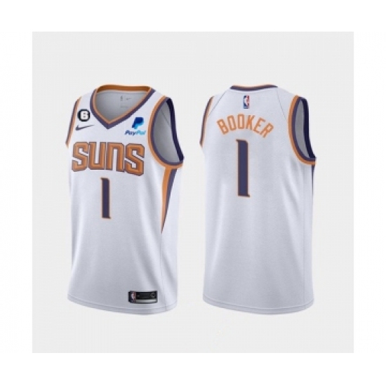 Men's Phoenix Suns 1 Devin Booker White Association Edition With NO.6 Patch Stitched Basketball Jersey