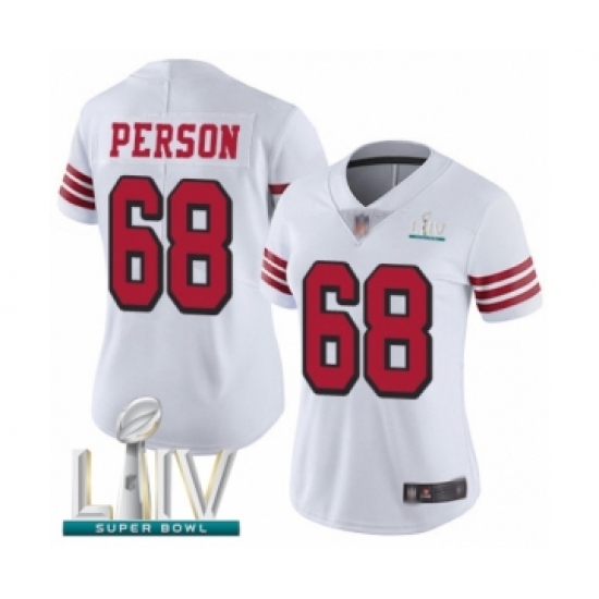 Women's San Francisco 49ers 68 Mike Person Limited White Rush Vapor Untouchable Super Bowl LIV Bound Football Jersey