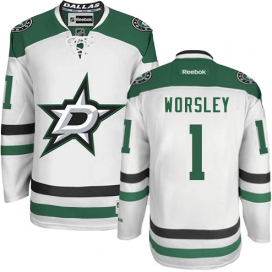 Men's Reebok Dallas Stars 1 Gump Worsley Authentic White Away NHL Jersey