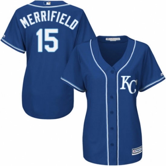 Women's Majestic Kansas City Royals 15 Whit Merrifield Authentic Blue Alternate 2 Cool Base MLB Jersey