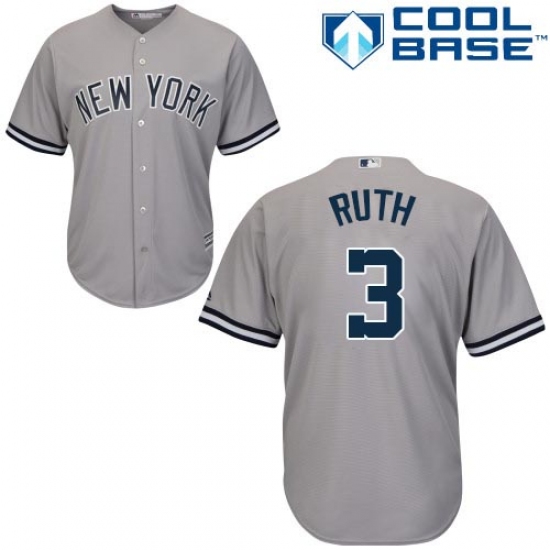 Men's Majestic New York Yankees 3 Babe Ruth Replica Grey Road MLB Jersey