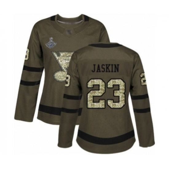 Women's St. Louis Blues 23 Dmitrij Jaskin Authentic Green Salute to Service 2019 Stanley Cup Champions Hockey Jersey