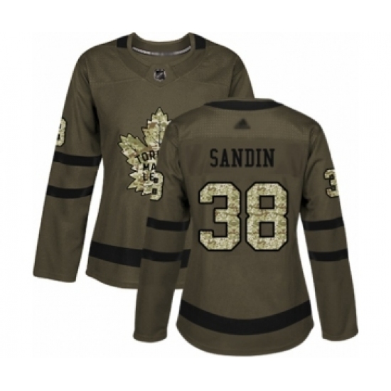 Women's Toronto Maple Leafs 38 Rasmus Sandin Authentic Green Salute to Service Hockey Jersey