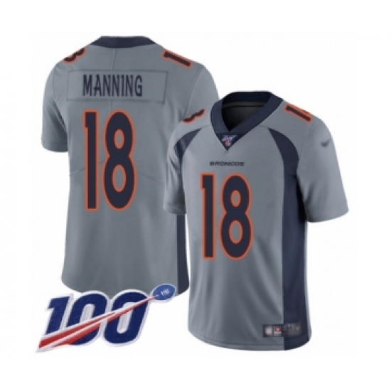 Youth Denver Broncos 18 Peyton Manning Limited Silver Inverted Legend 100th Season Football Jersey