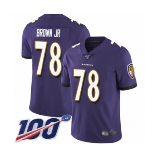 Men's Baltimore Ravens 78 Orlando Brown Jr. Purple Team Color Vapor Untouchable Limited Player 100th Season Football Jersey