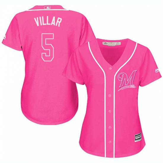 Women's Majestic Milwaukee Brewers 5 Jonathan Villar Authentic Pink Fashion Cool Base MLB Jersey