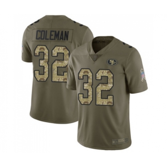 Youth San Francisco 49ers 32 Tevin Coleman Limited Olive Camo 2017 Salute to Service Football Jersey
