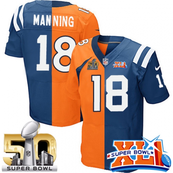 Men's Nike Indianapolis Colts 18 Peyton Manning Elite Royal Blue/Orange Split Fashion Super Bowl XLI & Super Bowl L NFL Jersey