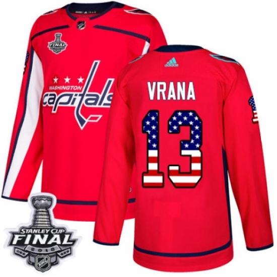 Men's Adidas Washington Capitals 13 Jakub Vrana Authentic Red USA Flag Fashion 2018 Stanley Cup Final NHL Jersey