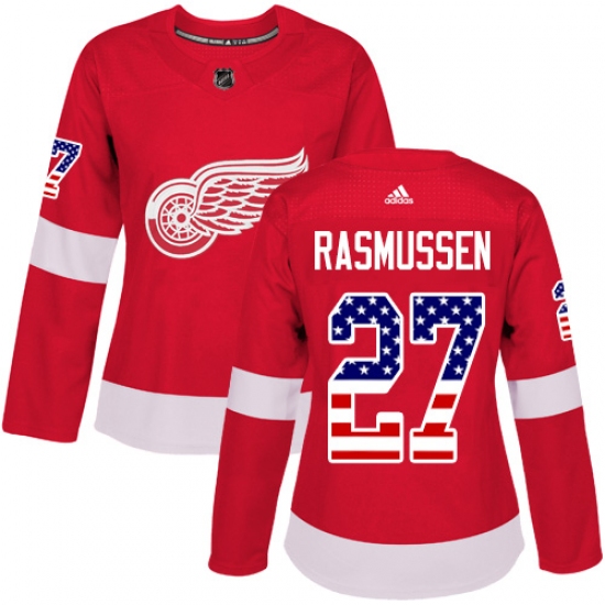 Women's Adidas Detroit Red Wings 27 Michael Rasmussen Authentic Red USA Flag Fashion NHL Jersey